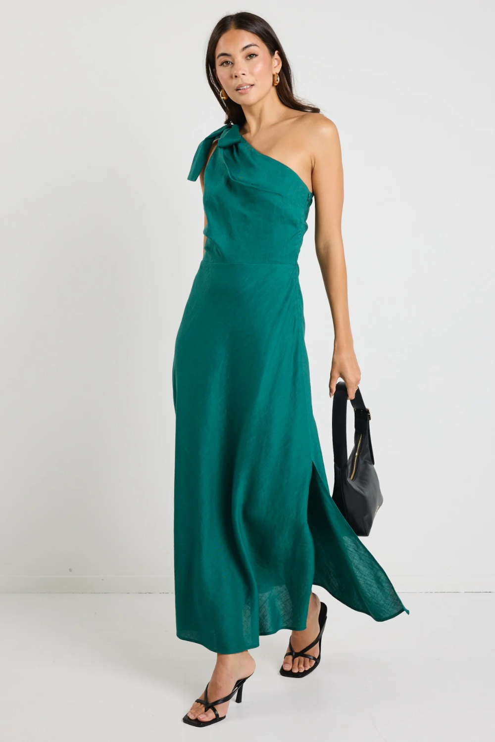 Mirror Forest Linen Blend One Shoulder Bow Midi Dress