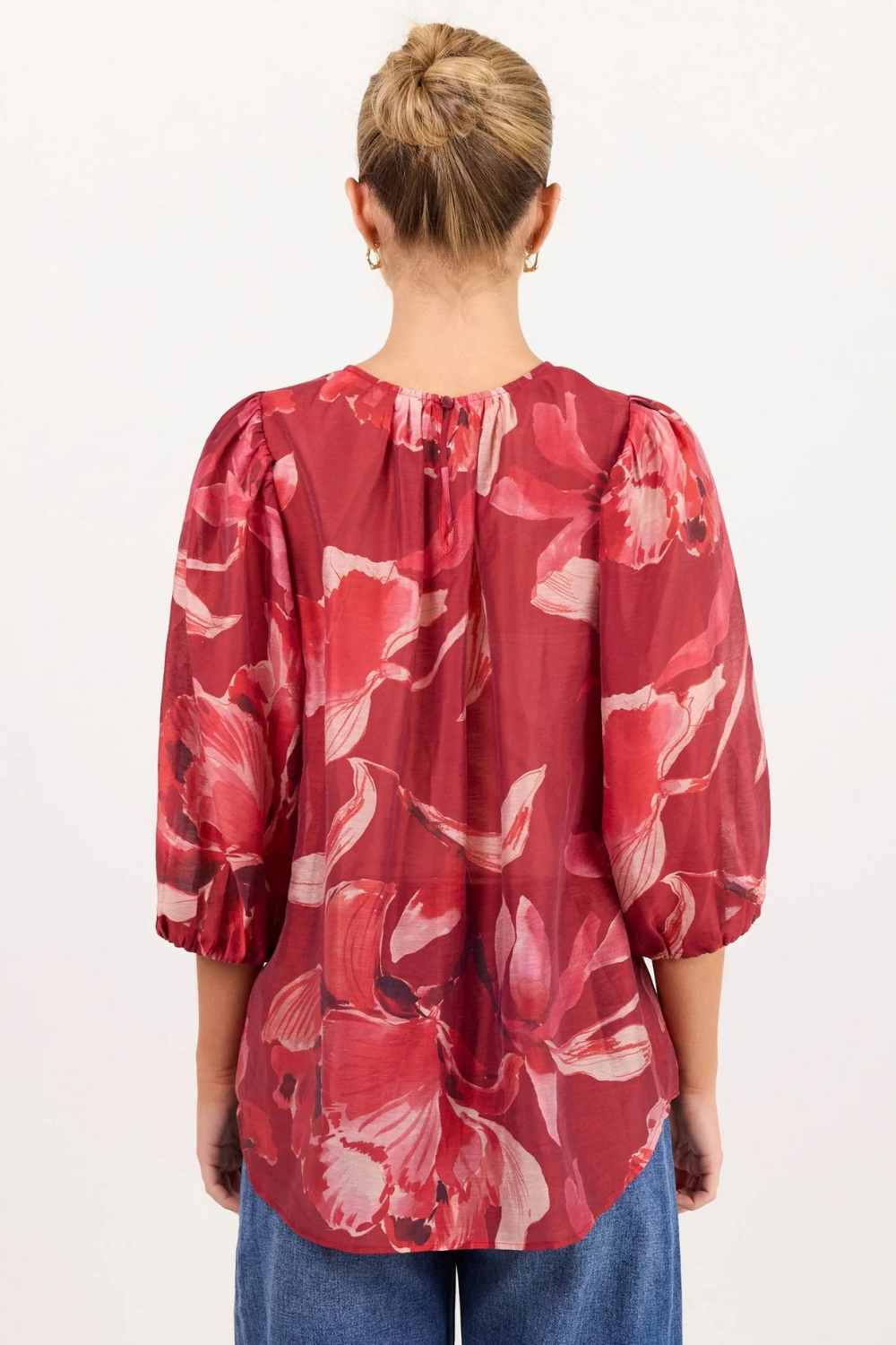 Sincere Large Red Peony Shirred Back SS Top