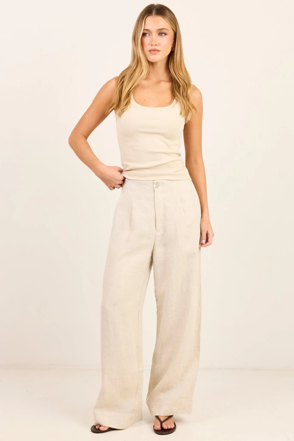 Curator Natural Linen Pleat Front Wide Leg Pants