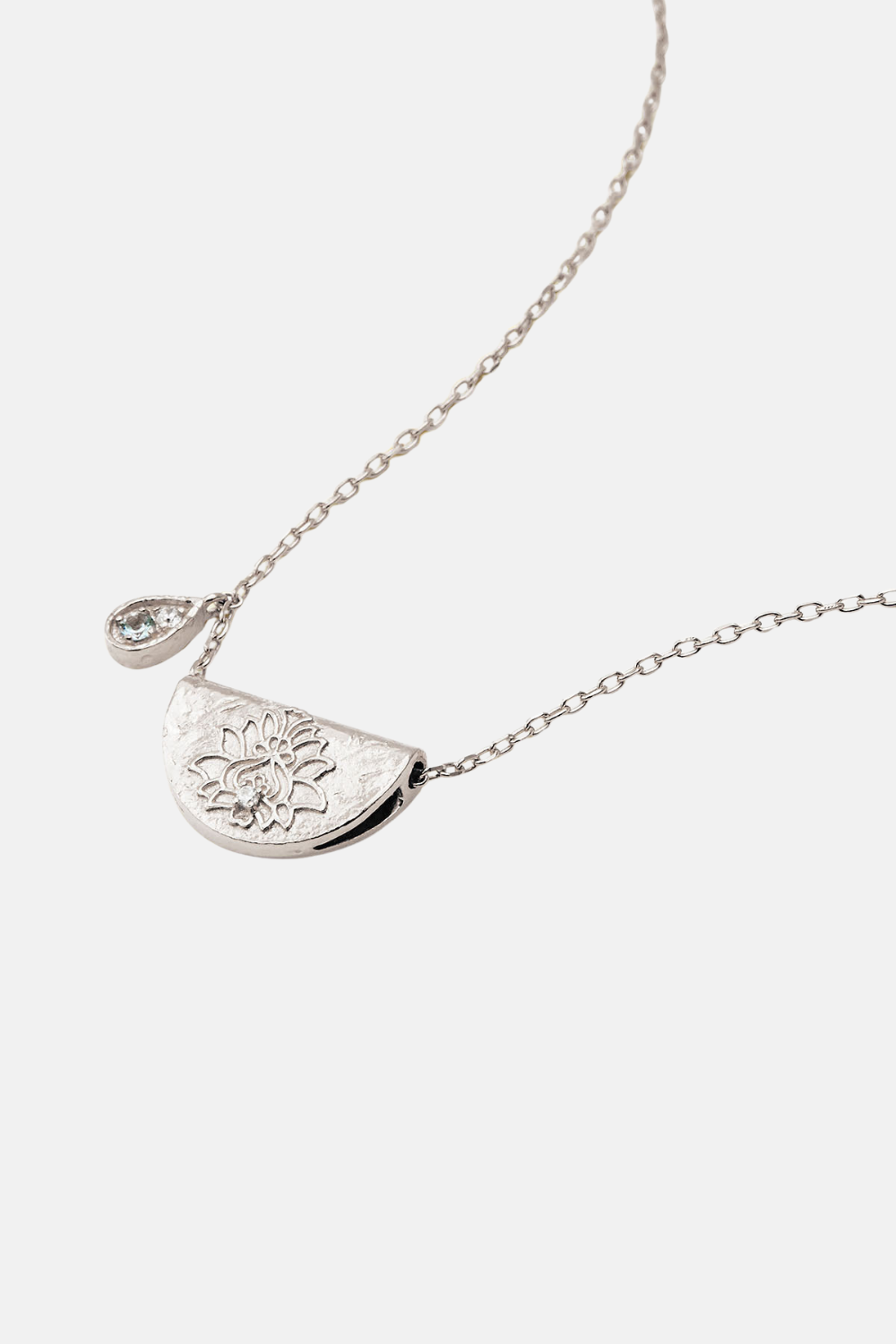 Sterling Silver Lotus Birthstone Necklace - March - Aquamarine