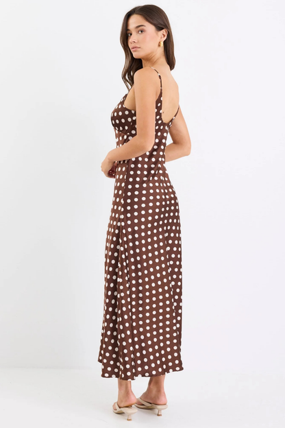 Otherworldly Chocolate Polka Dot Satin Bias Slip Midi Dress