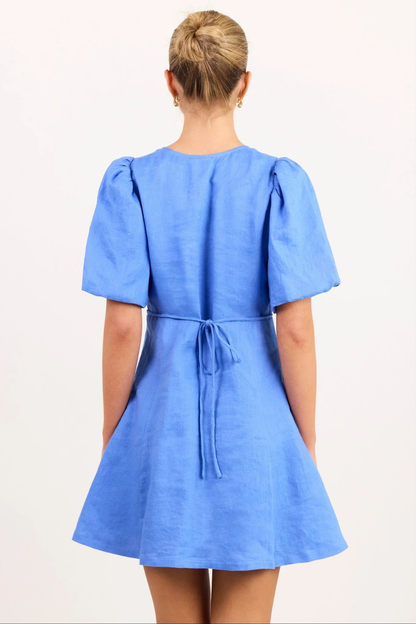 Adelaide Blue Linen Puff Sleeve Panelled Mini Dress