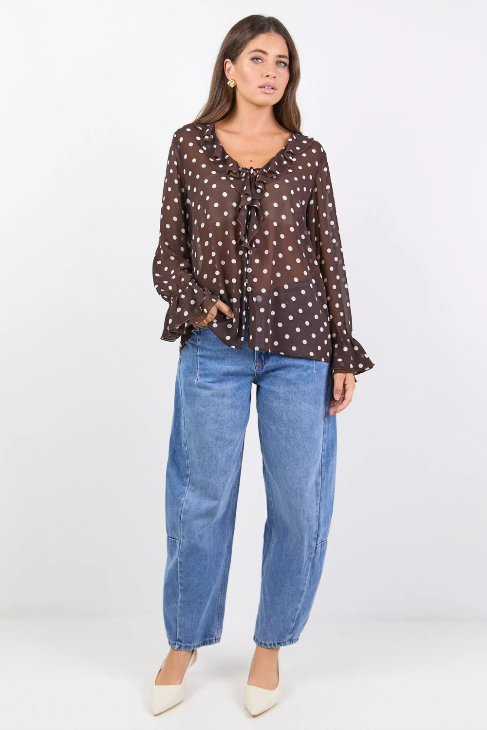 Bohemian Chocolate Polka Dot Sheer Frill Front Blouse