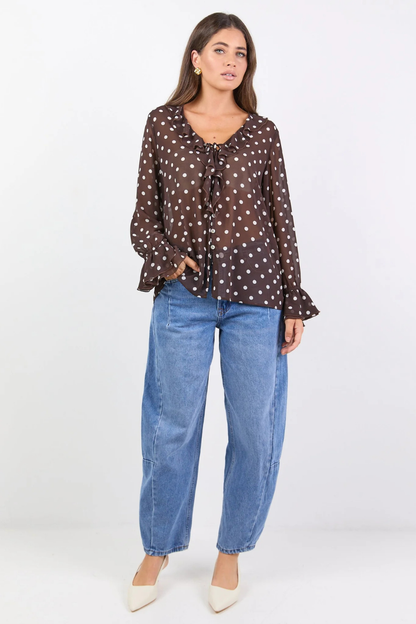 Bohemian Chocolate Polka Dot Sheer Frill Front Blouse