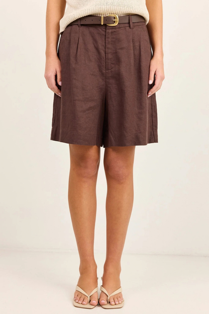 Literal Dark Chocolate Linen Pleat Front Shorts
