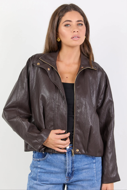 Ensemble Chocolate Faux Leather Funner Neck Zip Through Jacket