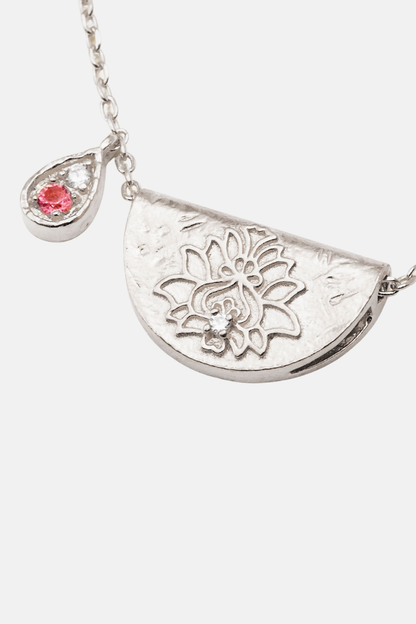 Sterling Silver Lotus Birthstone Necklace - October - Pink Tourmaline