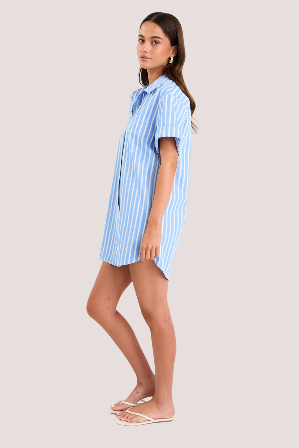 Mykonos Blue Stripe Short Sleeves Mini Shirt Dress