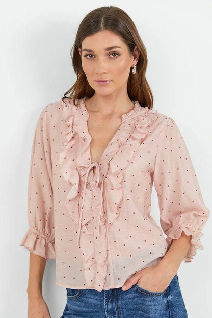 Garnish Blush Polka Dot Frill Front Mid Sleeve Top