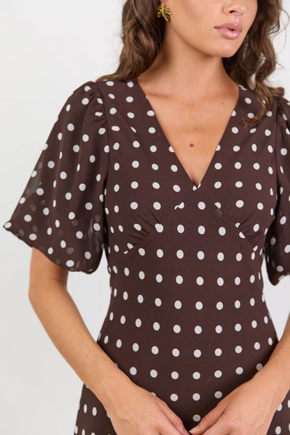 Aura Chocolate Polka Dot Puff Short Sleeve Bias Midi Dress
