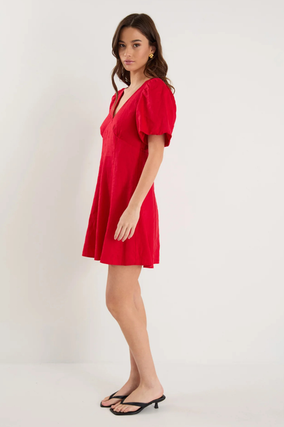 Adelaide Cherry Linen Puff Sleeve Panelled Mini Dress