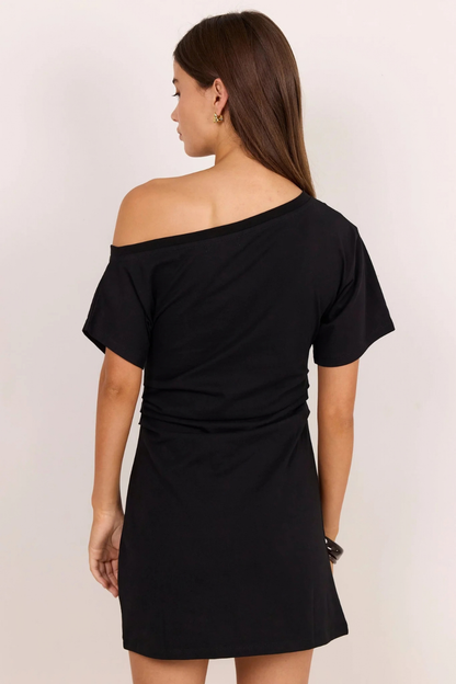 Chatter Black Ruched Mini Tee Shirt Dress