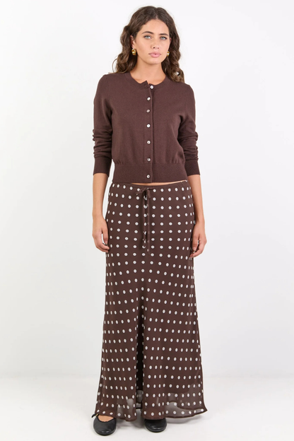 Rally Chocolate Polka Dot Georgette Tie Waist Bias Maxi Skirt