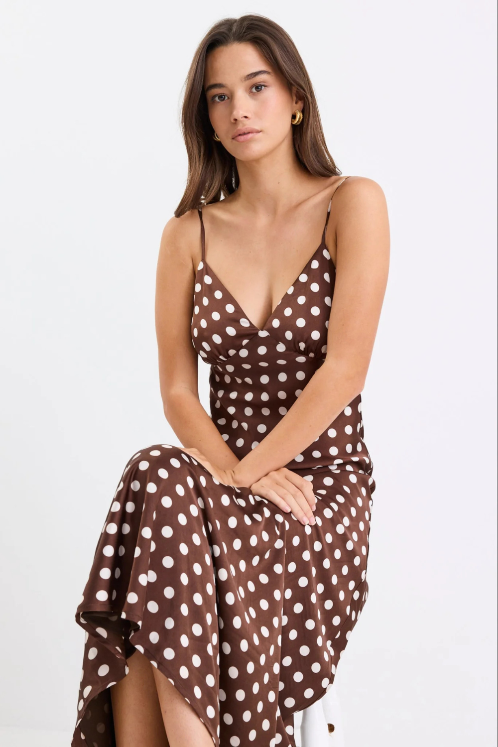 Otherworldly Chocolate Polka Dot Satin Bias Slip Midi Dress