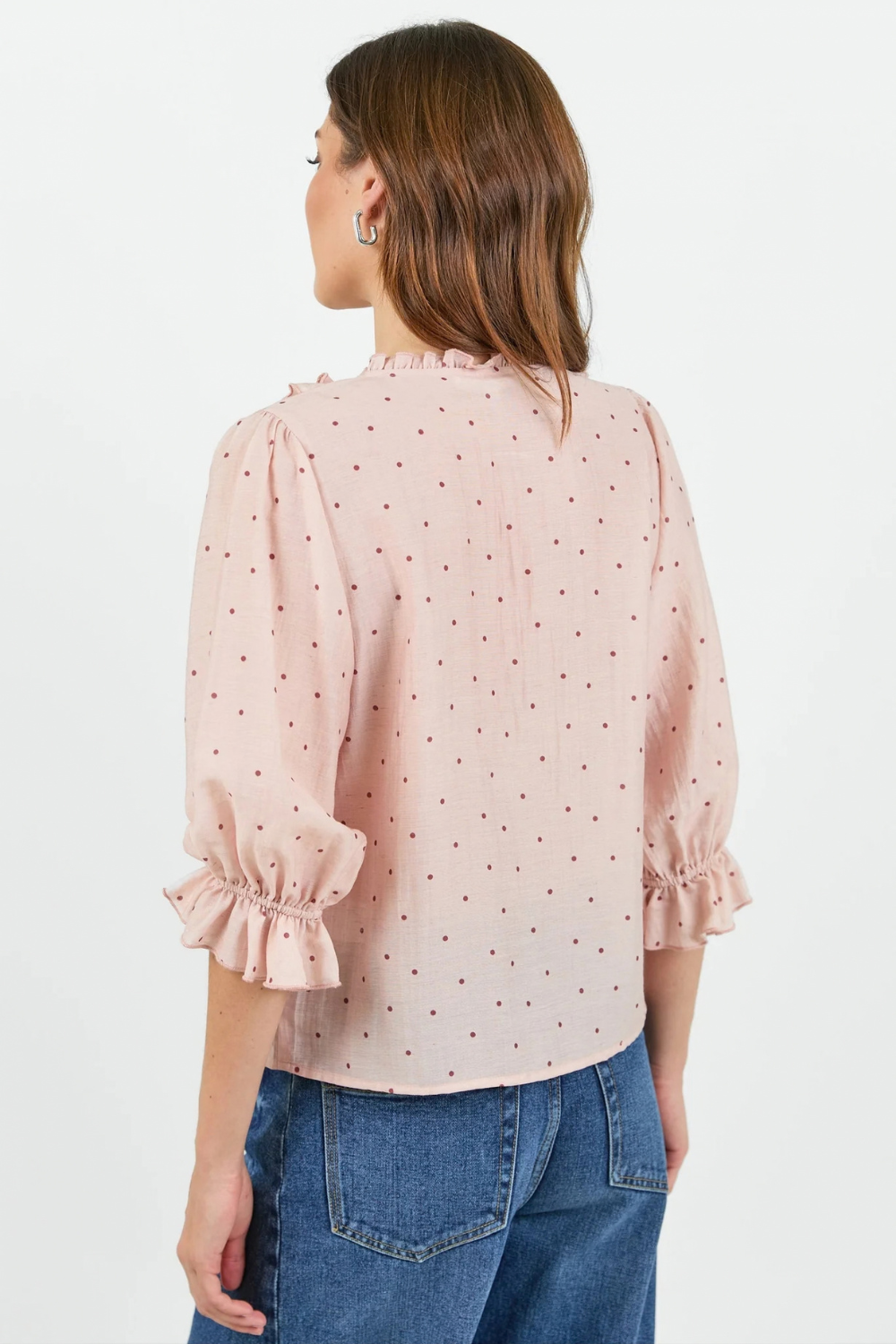 Garnish Blush Polka Dot Frill Front Mid Sleeve Top