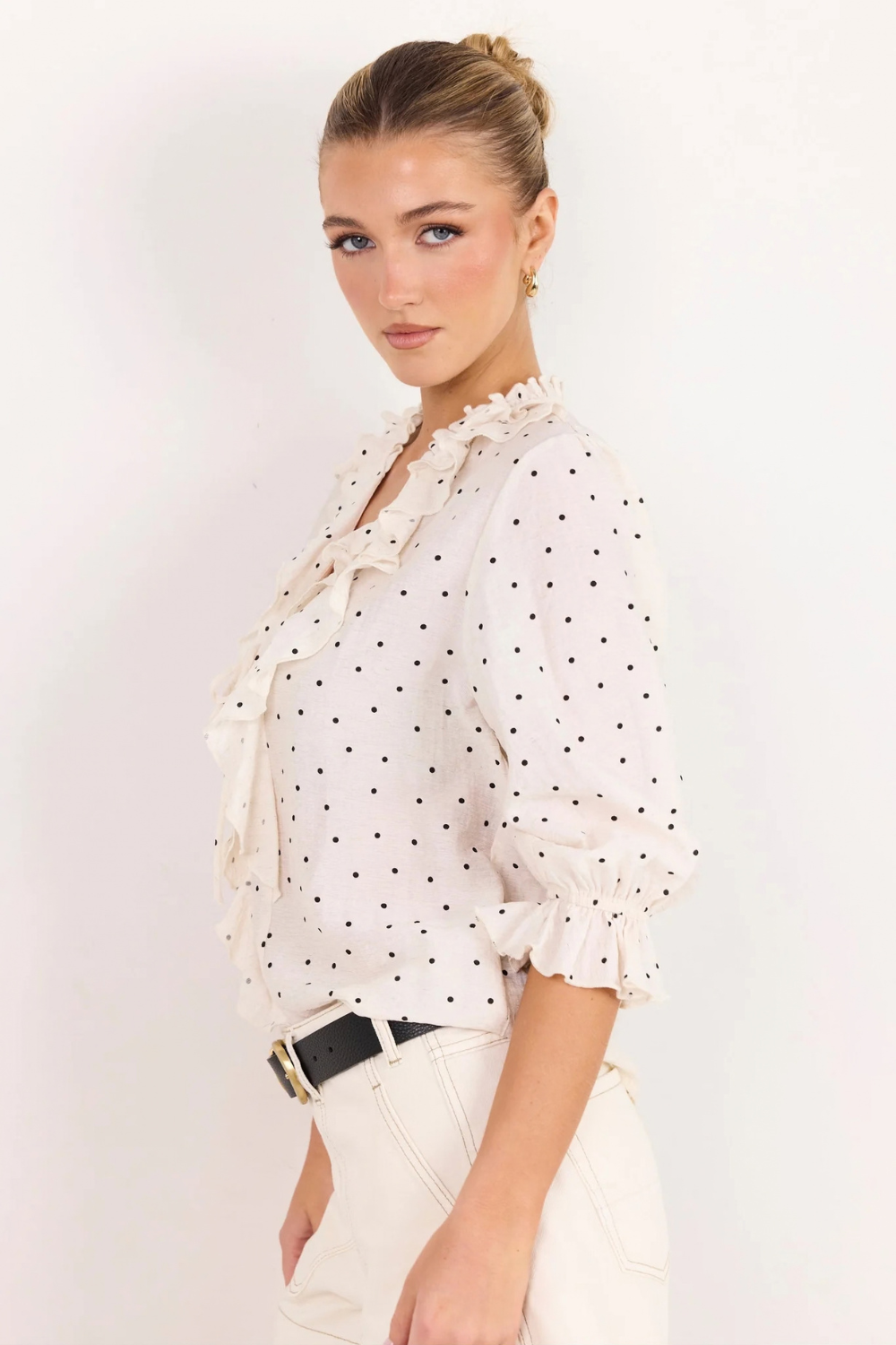 Garnish Cream Black Polka Dot Frill Front Mid Sleeve Top