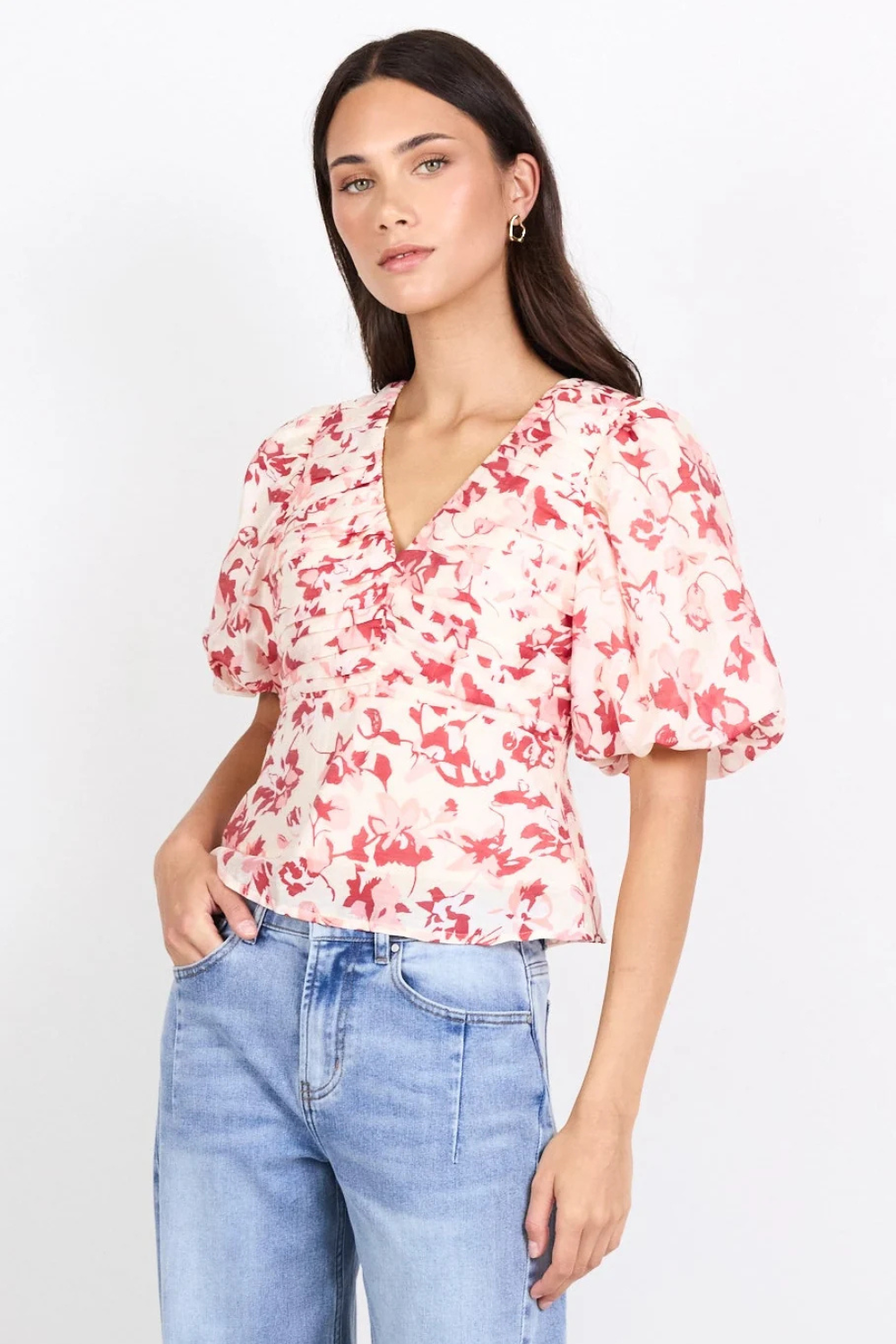 Notch Cream Red Poppy Pleat Front Bubble Sleeve Top