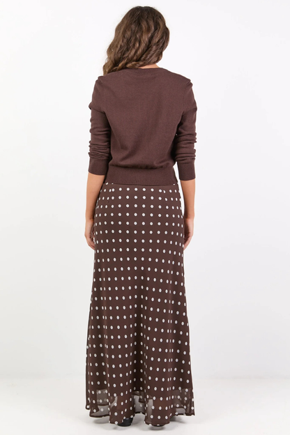 Rally Chocolate Polka Dot Georgette Tie Waist Bias Maxi Skirt