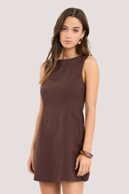 Venice Chocolate Boat Neck Fitted Mini Dress