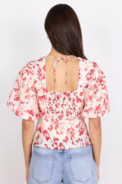 Notch Cream Red Poppy Pleat Front Bubble Sleeve Top