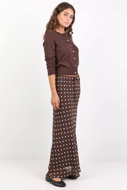 Rally Chocolate Polka Dot Georgette Tie Waist Bias Maxi Skirt