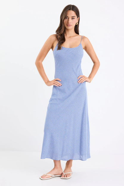 Hologram Electric Blue Mini Gingham Strappy Bias Slip Maxi Dress