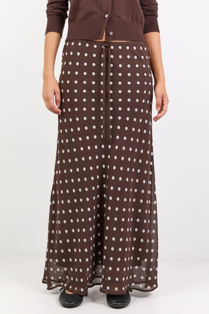 Rally Chocolate Polka Dot Georgette Tie Waist Bias Maxi Skirt
