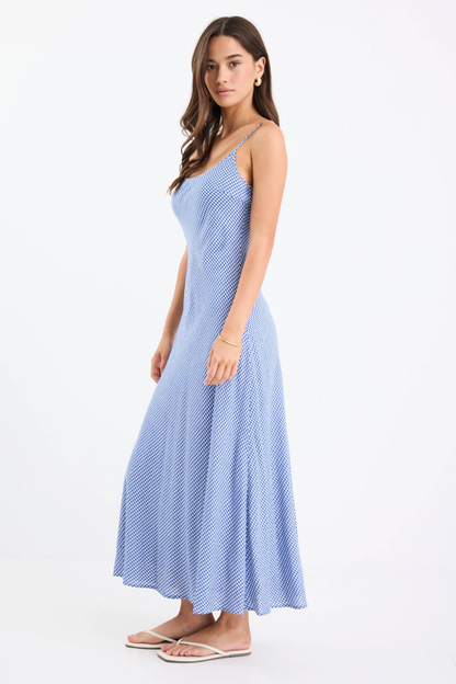 Hologram Electric Blue Mini Gingham Strappy Bias Slip Maxi Dress