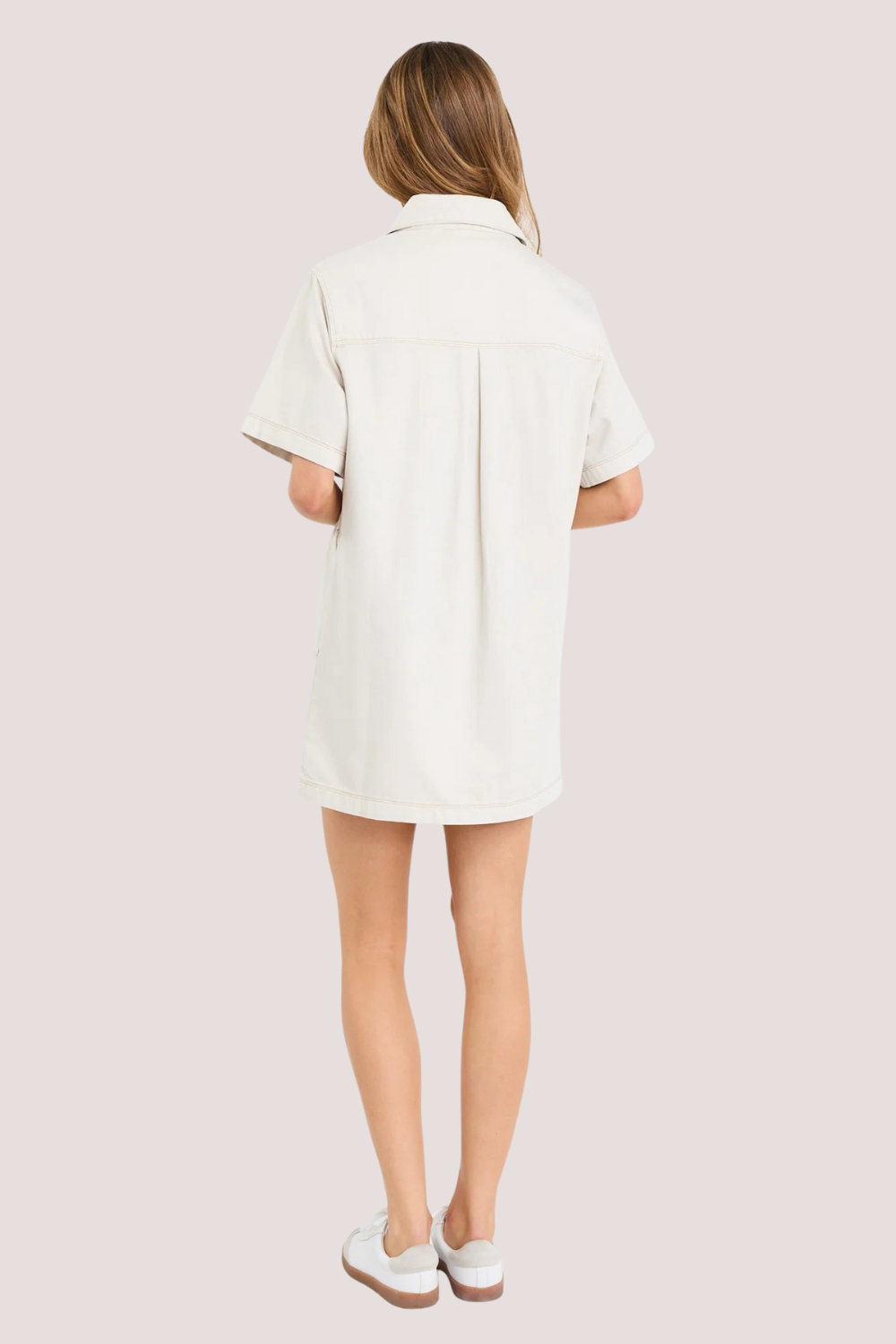 Shortcut Ecru Denim Short Sleeve Boxy Mini Shirt Dress