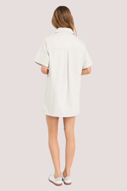 Shortcut Ecru Denim Short Sleeve Boxy Mini Shirt Dress