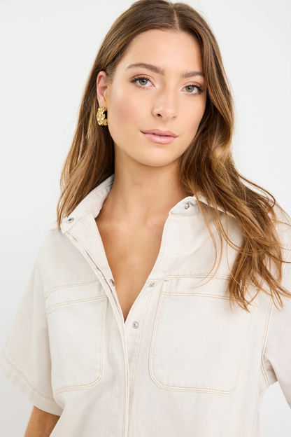 Shortcut Ecru Denim Short Sleeve Boxy Mini Shirt Dress