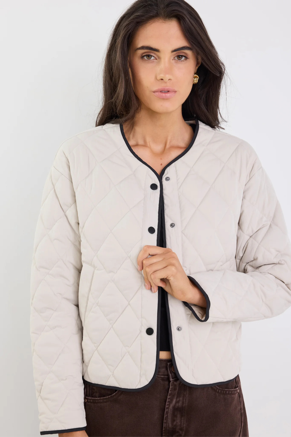 Apex Bone Collarless Quilted Contrast Piping Puffer Jacket