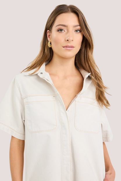 Shortcut Ecru Denim Short Sleeve Boxy Mini Shirt Dress
