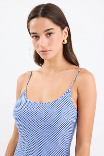 Hologram Electric Blue Mini Gingham Strappy Bias Slip Maxi Dress