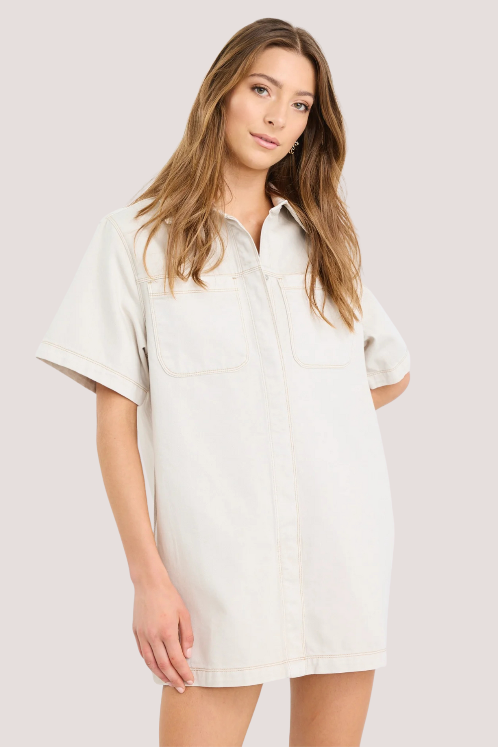 Shortcut Ecru Denim Short Sleeve Boxy Mini Shirt Dress