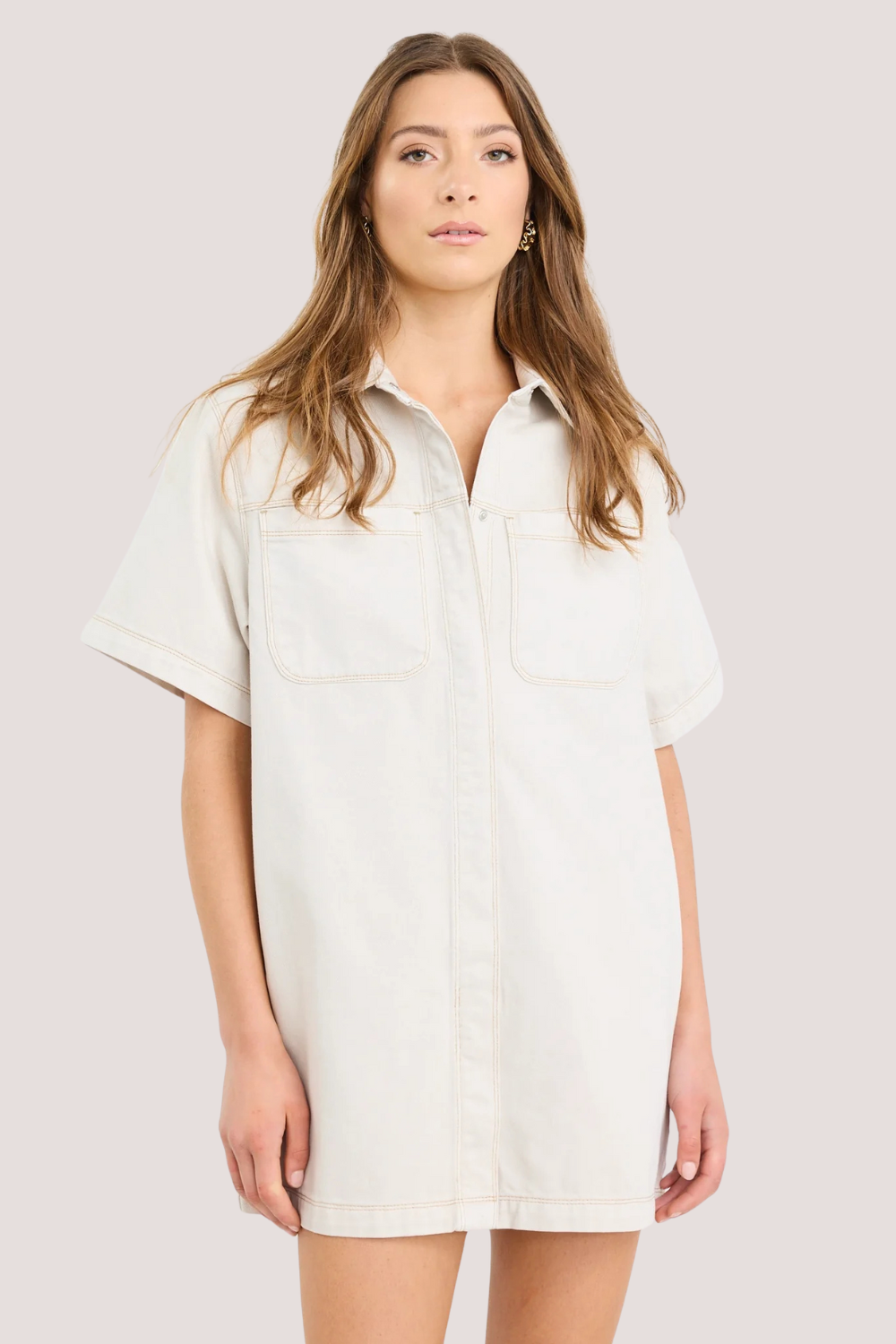 Shortcut Ecru Denim Short Sleeve Boxy Mini Shirt Dress