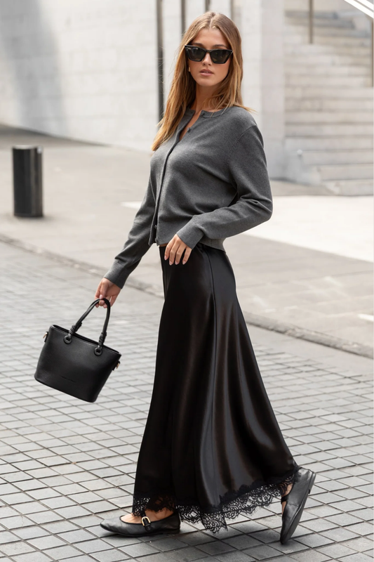 Margarita Black Satin Lace Trim Bias Maxi Skirt