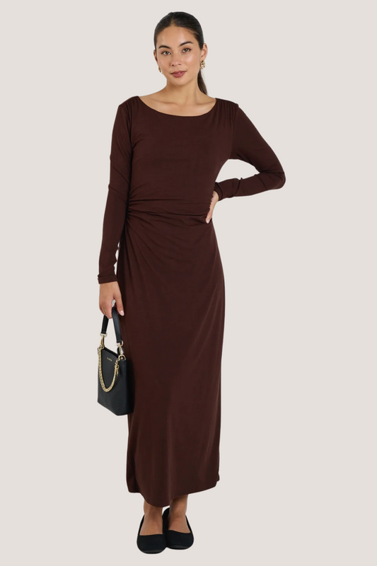 Vertigo Dark Chocolate Jersey LS Midi Dress