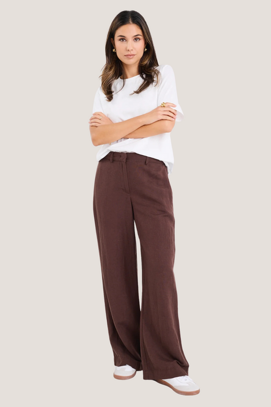 Shelter Chocolate Linen Viscose Flat Front Wide Pants