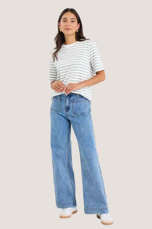 Binding Khaki White Stripe Boxy Fit Tee