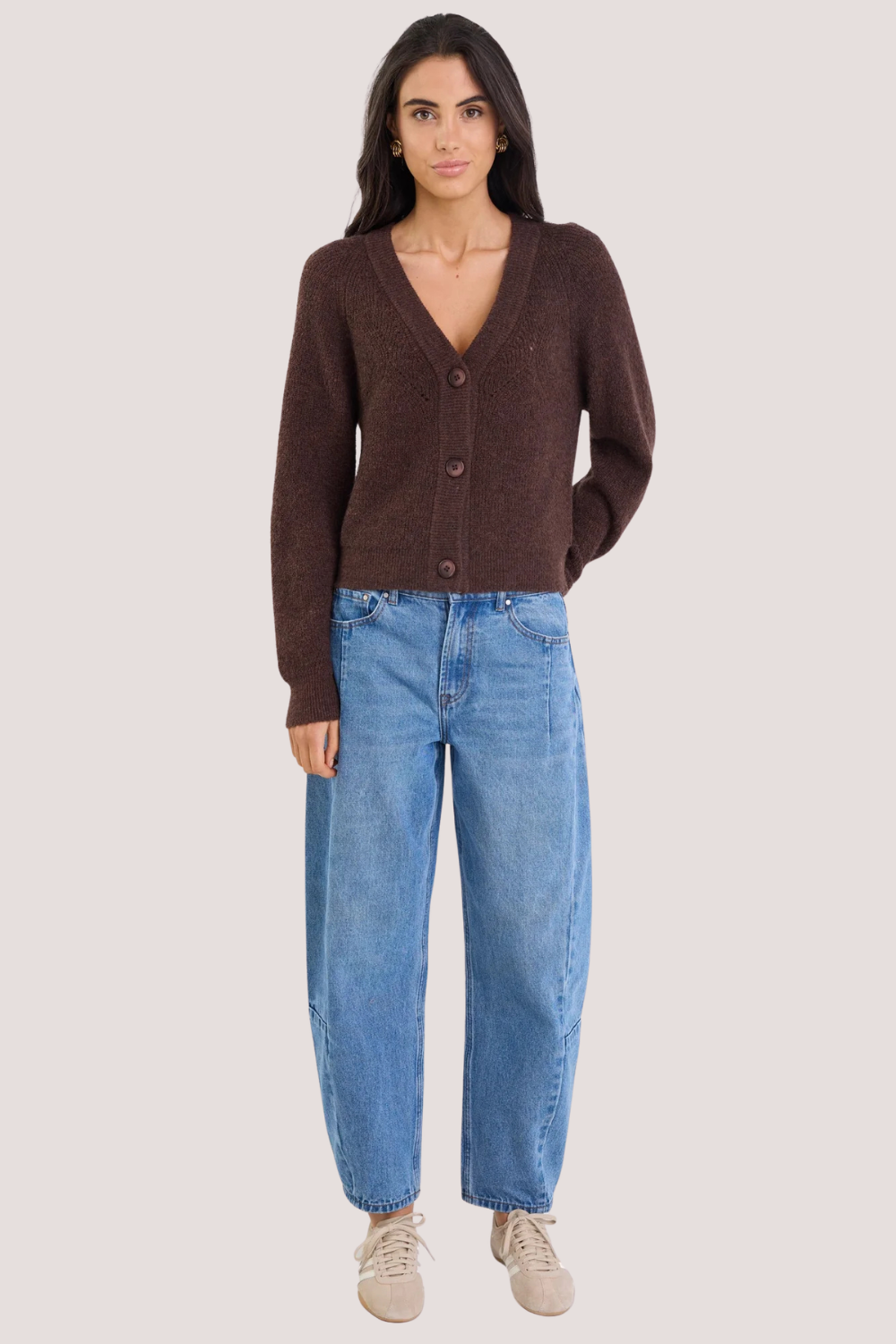 Essence Chocolate V Neck Rib Knit Cardigan