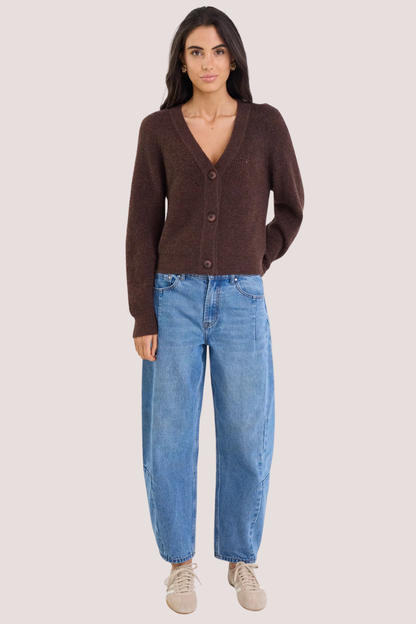 Essence Chocolate V Neck Rib Knit Cardigan