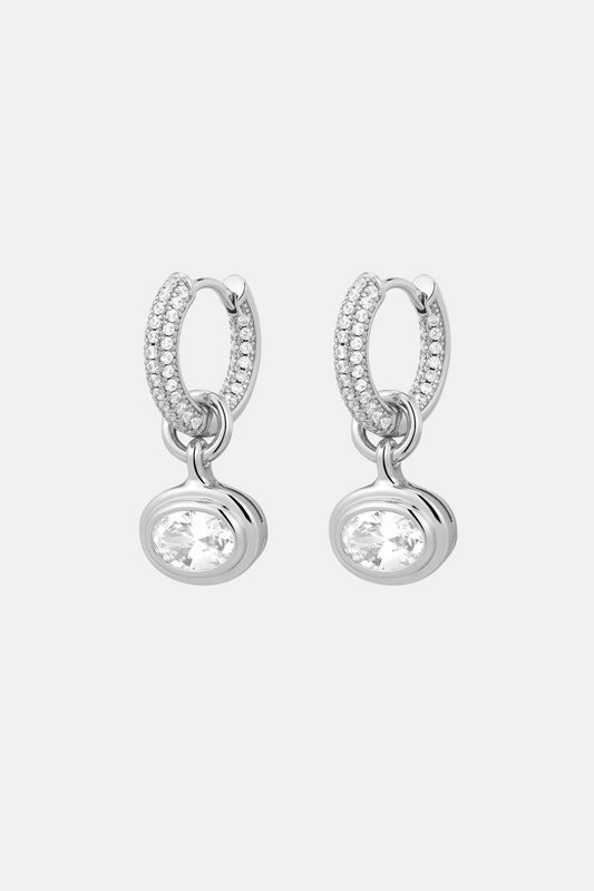 Oval Double Bezel Charm Huggies | Silver