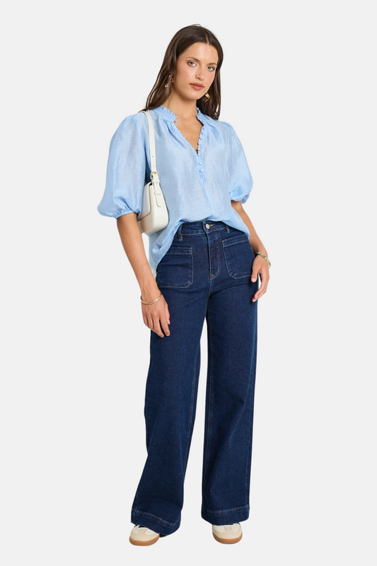 Closure Pale Blue Sheer High Neck Buttoned SS Top