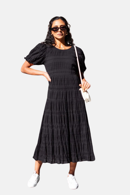 Graceful Black Shirred Cotton Bubble Sleeve Tiered Maxi Dress