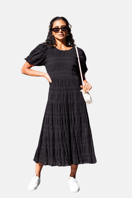 Graceful Black Shirred Cotton Bubble Sleeve Tiered Maxi Dress
