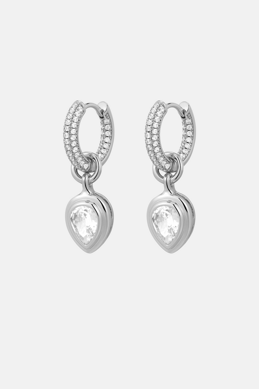 Pearl Double Bezel Charm Huggies | Silver