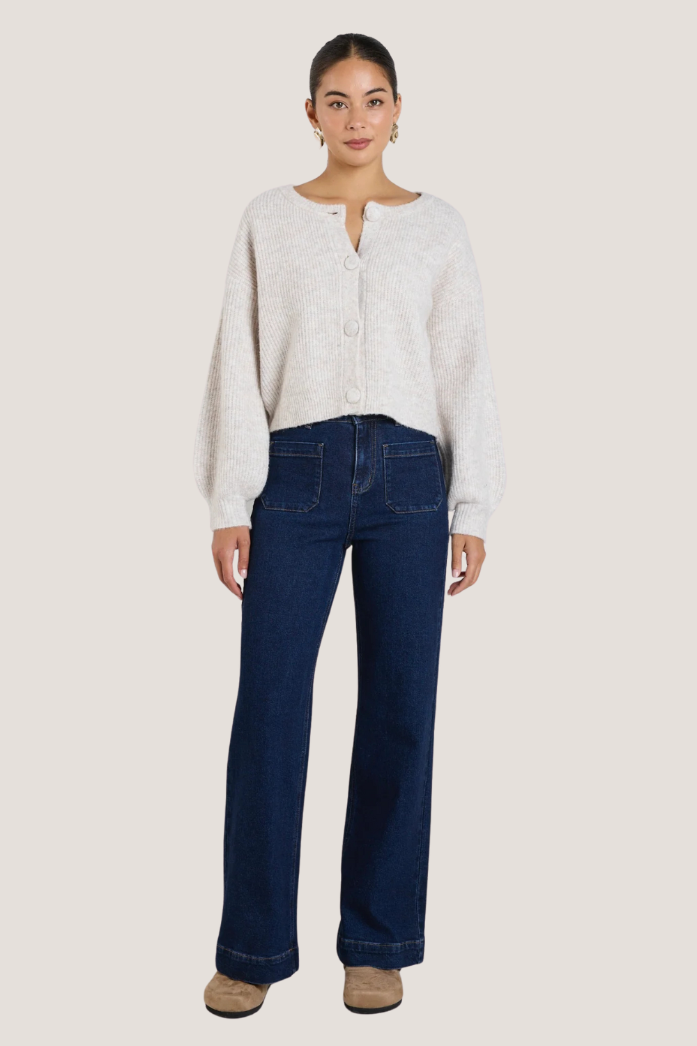 Authentic Oat Marle Chunky Knit Crewneck Cardigan