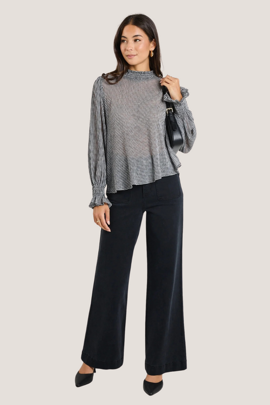 Emphatic Black Gingham Crinkle Shirred Neck LS Top
