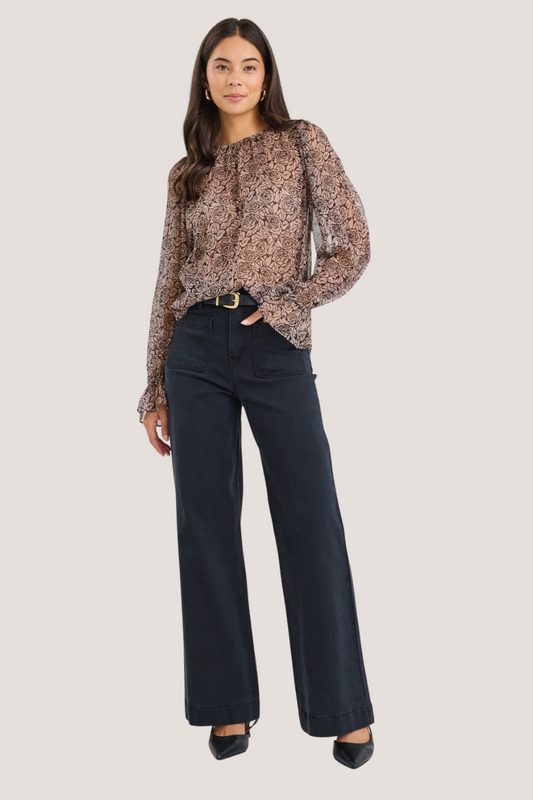 Endless Black Taupe Roses Georgette Blouston LS